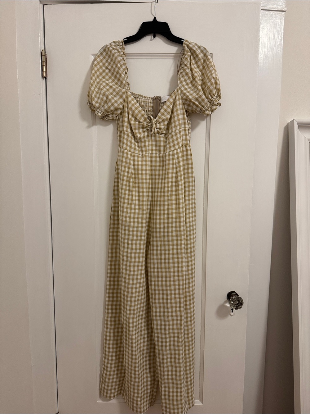Gingham Tie-Front Puff-Sleeve Jumpsuit in Light Yellow